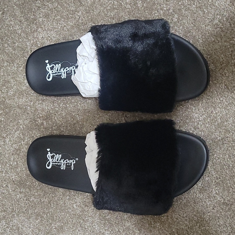 Jellypop shoes Los Angeles CA Black Faux Fur comfort slides women size 8 NEW